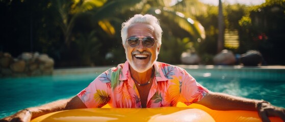 A brightly dressed elderly man in a swimming pool. Generative AI