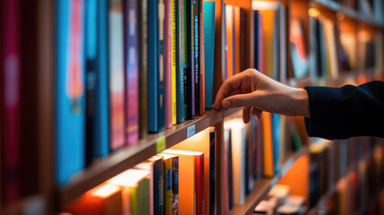 Person's hand selects and pulls a book from a bookshelf