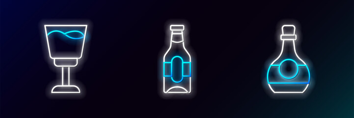 Set line Bottle of cognac or brandy, Wine glass and Beer bottle icon. Glowing neon. Vector