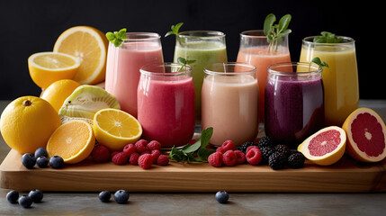 Playful and Nutritious Smoothie Stripes on Wooden Board. Colorful Striped Smoothies with Fruits, Veggies, and Lemon