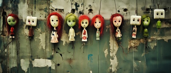 Small zombie voodoo dolls on a urban brick wall, creepy and distressing, ward off evil, strange faces, wild hair, weird crafted art - generative AI
