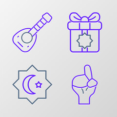 Set line Hands in praying position, Octagonal star, Gift box and Lute icon. Vector