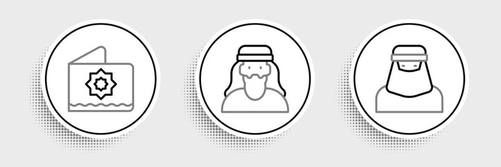 Set line Muslim woman in niqab, Octagonal star and icon. Vector