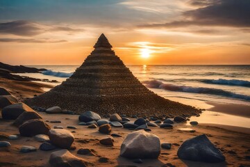 Stones pyramid on the seashore at sunset
