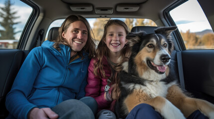 Portrait of a happy family in the car with their dog