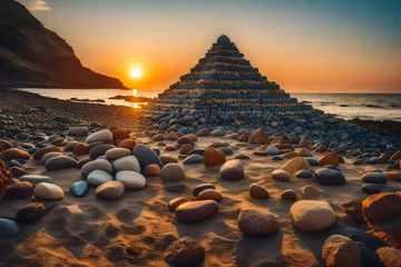 Cercles muraux Pierres dans le sable Stones pyramid on the seashore at sunset