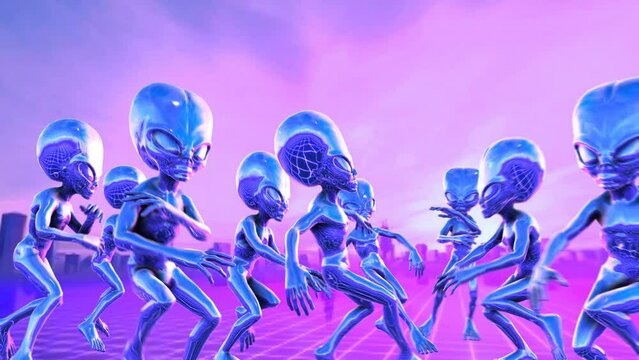Seamless loopable animation of a group metallic pink aliens sexy dancing