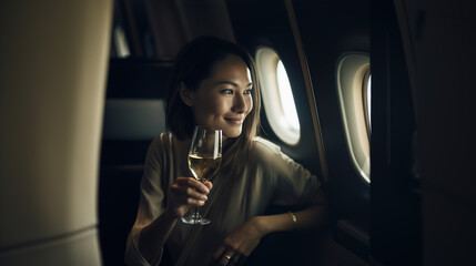 woman sitting in airplane business class cabin holding champagne  looking out plane window travel holiday  - obrazy, fototapety, plakaty