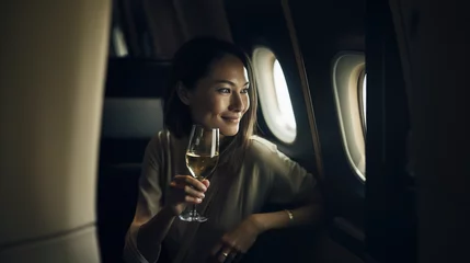 Foto op Plexiglas woman sitting in airplane business class cabin holding champagne  looking out plane window travel holiday  © kraftbunnies