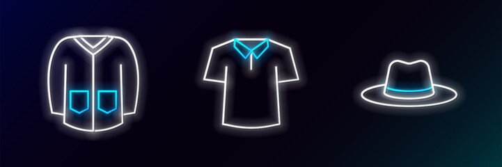 Set line Man hat, Sweater and Shirt icon. Glowing neon. Vector