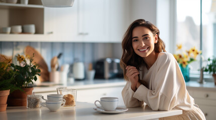 Beautiful woman smiling with a cup of coffee in the kitchen of her home - obrazy, fototapety, plakaty