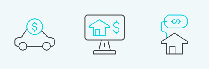 Set line House with dollar, Car rental and Online real estate icon. Vector