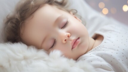 close-up portrait of a beautiful sleeping baby on white blurred background, with copy space.