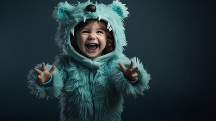 Cute baby boy in halloween monster costume with fun expression on face isolated on dark background, with copy space. - obrazy, fototapety, plakaty