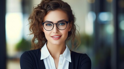 Close-up portrait of beautiful smiling female student in trendy glasses on blur background, with copy space, extra wide.