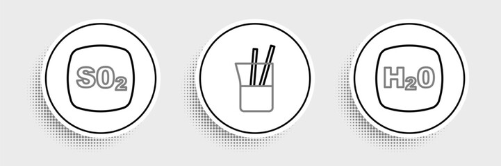 Set line Chemical formula H2O, Sulfur dioxide SO2 and Laboratory glassware icon. Vector