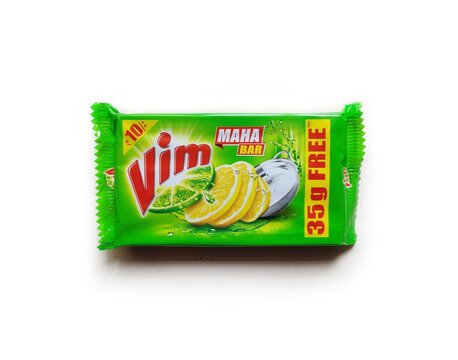 Guwahati, Assam, India - August 23, 2023 : Vim Lemon Dishwash Bar comes with the power of Lemons, removes the toughest grease and gives a pleasant cleaning experience. 