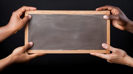 Many hands holding a blank board on a black background. Generative AI