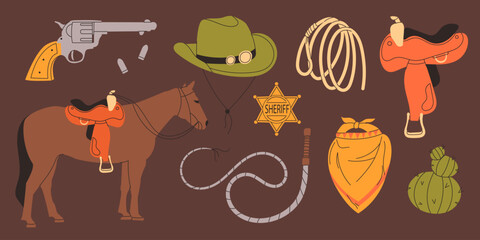 Fototapeta premium Wild west set. Cowboy theme. Cute vector set of hand drawn cowboy elements. Collection of different stickers with cactus, hat, horse, lasso, whip, horseshoe saddle, revolverf. stock illustration.