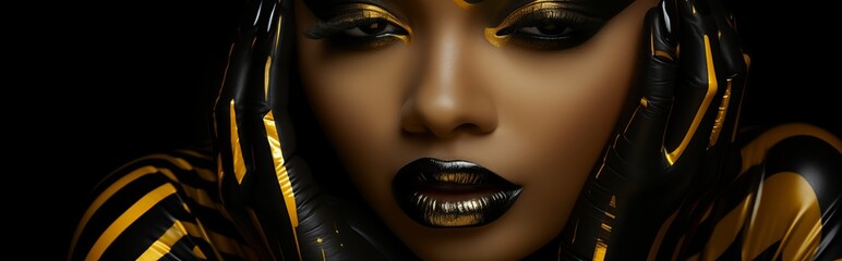 Golden Noir Fashion.
Solo portrait of a model with golden stripes and a bold black aesthetic.