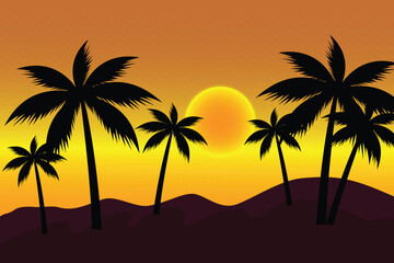 Fototapeta na wymiar palms sun orang yellow sunset tropical beach vector illustration eps10