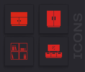 Set TV table stand, Wardrobe, and Shelf with books icon. Vector