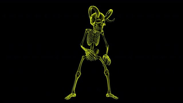 Futuristic seamless animation of a glass zombie horned skeleton isolated with alpha channel. Halloween visuals