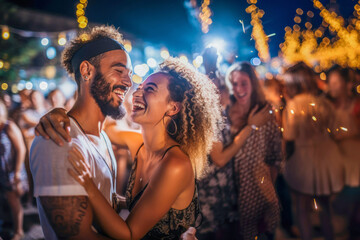Young couple dancing under the starry night sky at an outdoor summer nightclub, immersed in the rhythm of music and joy