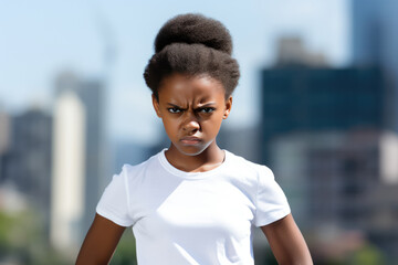Anger African Girl In White Polo Shirt On City Background. Сoncept Racial Inequality, Social Justice, Anger Management, Black Girl Magic