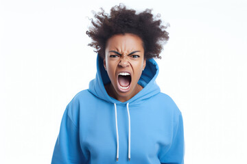 Anger African Girl In Blue Hoodie On White Background. Сoncept Anger, African American Girls, Hoodie Fashion, Body Positivity