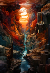 Sunset Cave: A Digital Painting of a Cave with a River and a Waterfall
