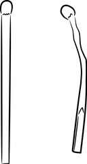 Matches, whole and burnt, from contour black brush lines different thickness on white background