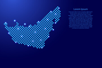 United Arab Emirates map from futuristic blue checkered square grid pattern and glowing stars