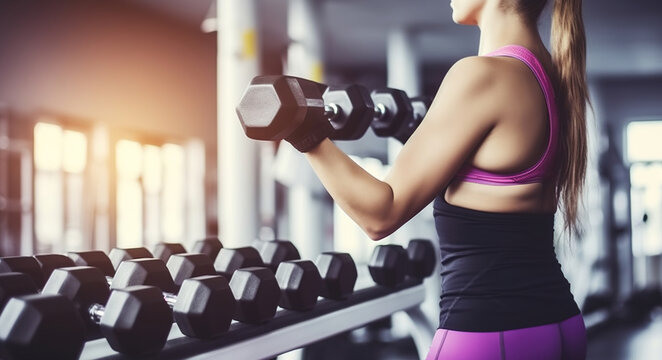 Women exercising lifts dumbbell in the gym. Generative AI