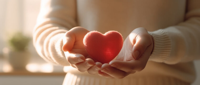 close up hand of woman holding red heart shape in living room in light cream