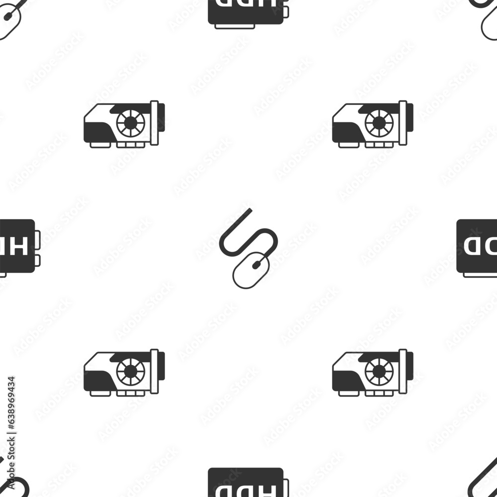 Poster set hard disk drive hdd, computer mouse and video graphic card on seamless pattern. vector