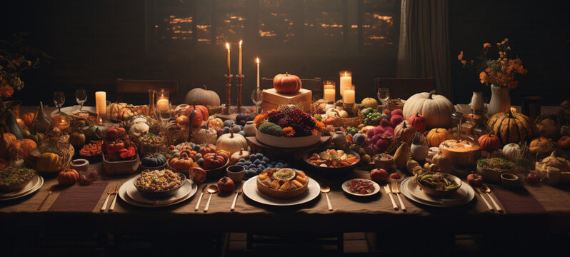 An image of a vast Thanksgiving dinner table laden, generative ai