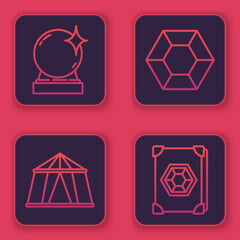 Set line Magic ball, Circus tent, Magic stone and Ancient magic book. Blue square button. Vector