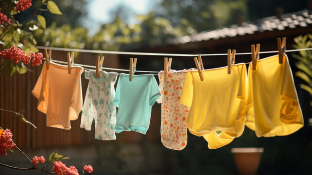 After being washed, childrens colorful clothing dries on a clothesline in the yard outside in the sunlight.