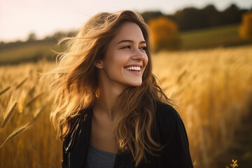 Happiness European Girl In Black Cardigan On Nature Landscape Background. Сoncept Happiness, European Girls, Black Cardigans, Nature Landscapes