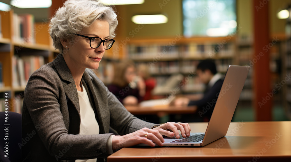 Poster female professor sits in the university library with a laptop, preparing for a lecture