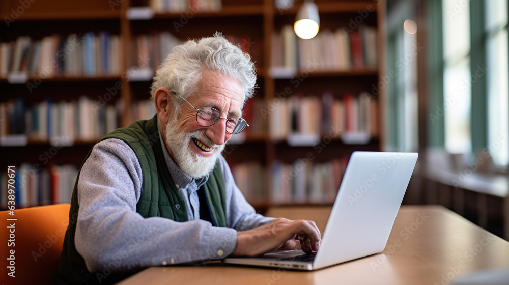 Poster senior professor sits in the university library with a laptop, preparing for a lecture