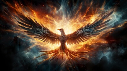 A phoenix soars on wings glowing with dancing flames. Phoenix rebirth in a spellbinding spectacle as it soars through the skies. Phoenix lit with ethereal glow.