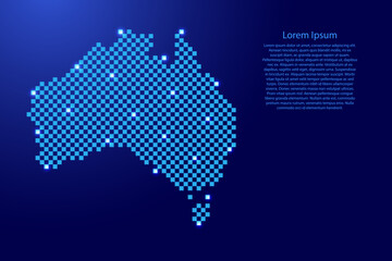 Australia map from futuristic blue checkered square grid pattern and glowing stars for banner, poster, greeting card