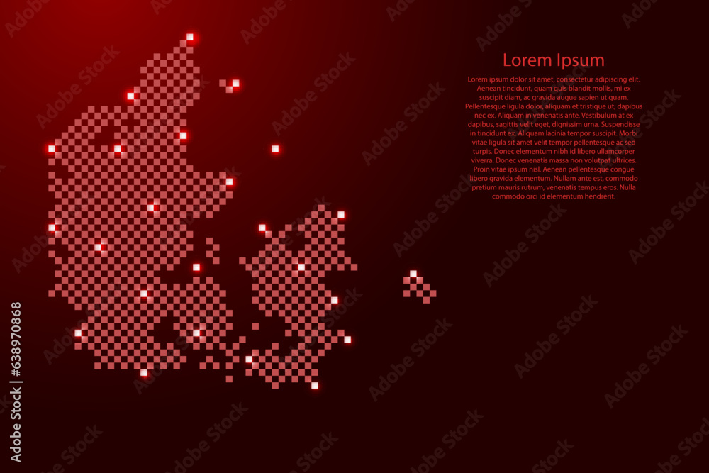 Poster denmark map from futuristic red checkered square grid pattern and glowing stars for banner, poster, 