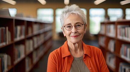 Senior librarian or college teacher woman standing in library in front of book shelfes - obrazy, fototapety, plakaty