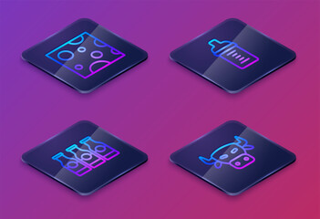 Set Isometric line Cheese, Bottle with milk, Baby in a bottle and Cow head. Blue square button. Vector