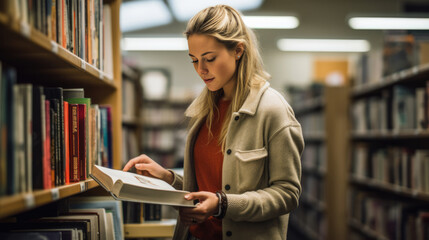 Female student reading book near shelves in library - obrazy, fototapety, plakaty