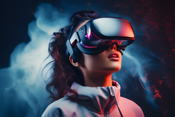 Women wearing futuristic VR eyewear - obrazy, fototapety, plakaty
