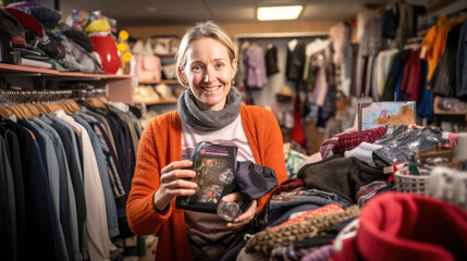 Fototapeta premium Portrait of a volunteer against a background of clothing for charity